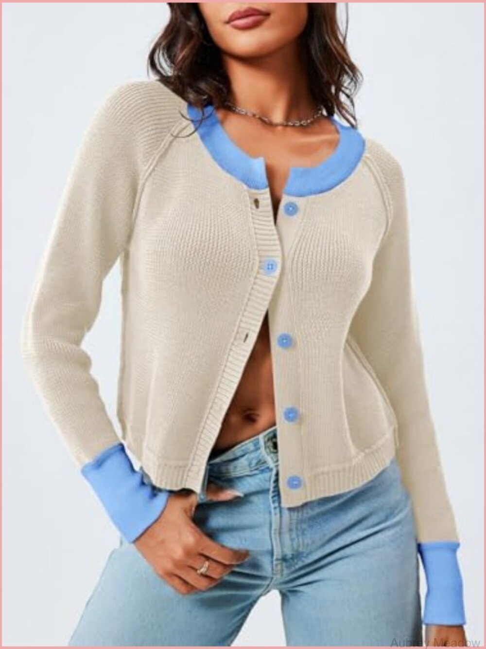 Cropped Button Down Cardigan Sweater Open Front Long Sleeve Color Block Knit - Picture 2 of 7